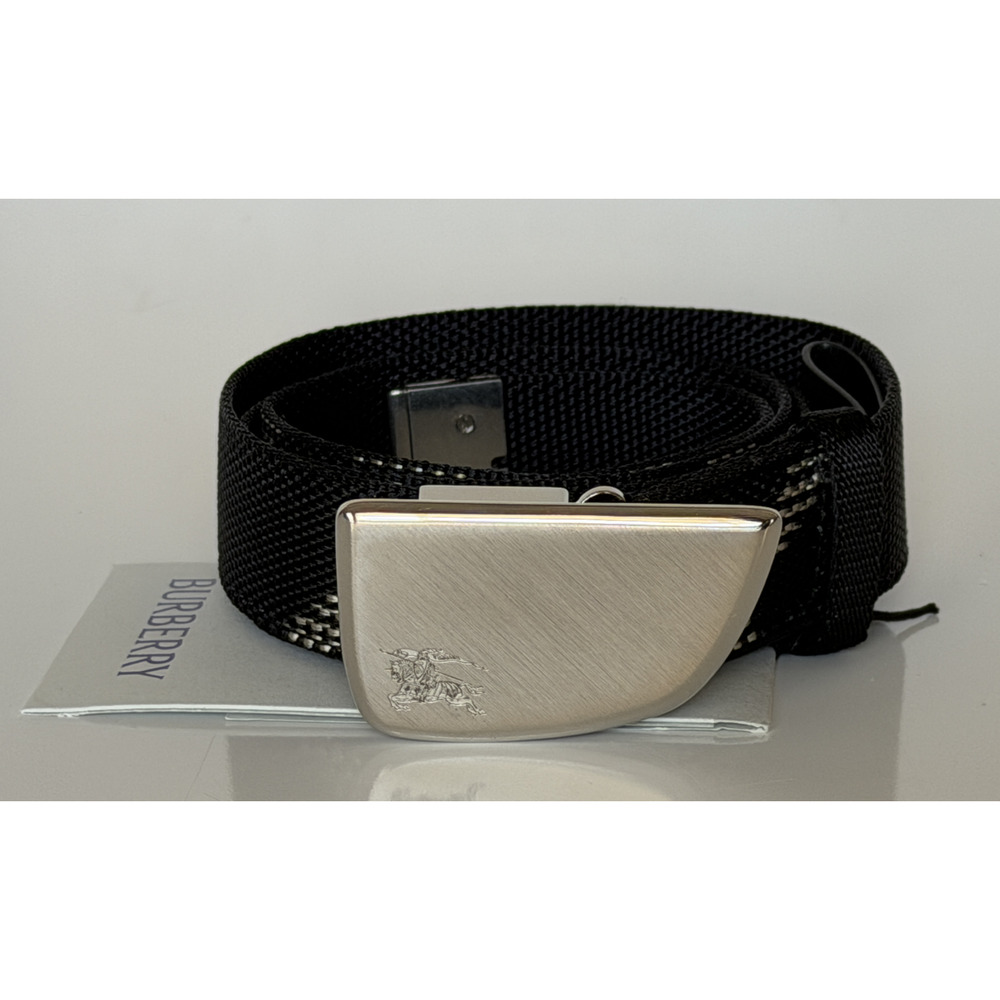 Burberry Silver Metal Buckle Shield Webbing Black Belt 90/36 8087708 IT NWT $490 - Picture 1 of 14